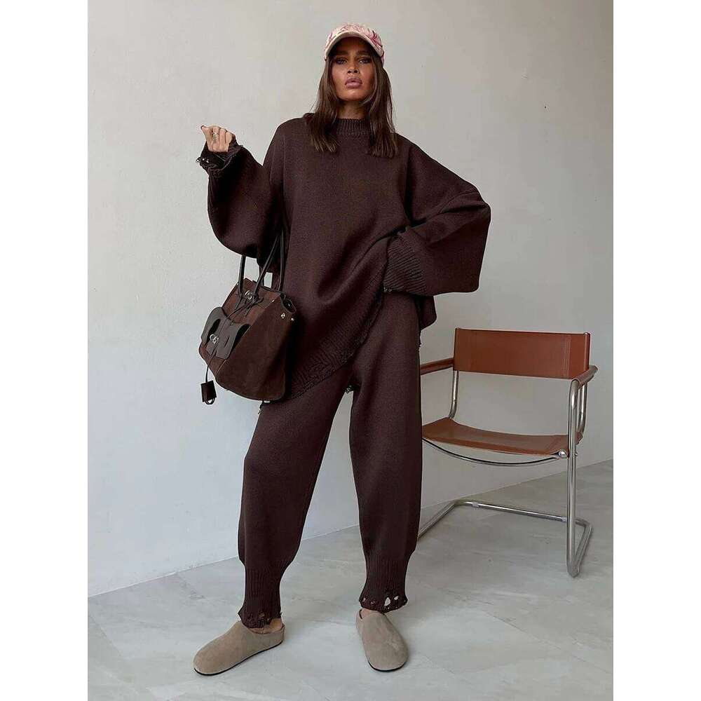 Two Piece Ripped Set Women Knit Tracksuits O Neck Long Sleeve Casual Baggy Sweatshirts Joggers Pants Outfits Fall Winter