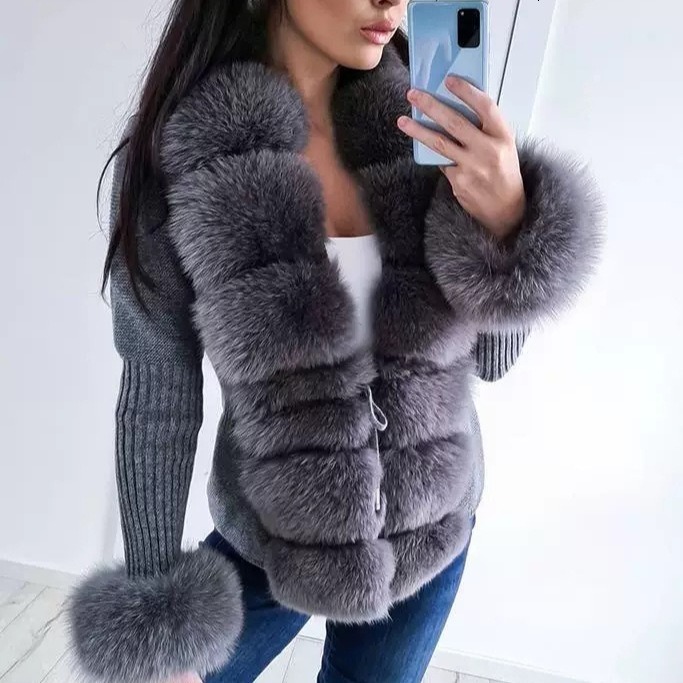 2025 Spring Cardigan Fur Coat for Women New Faux Fox Fur Sweater Elegant Womens Knitted Sweater 251105