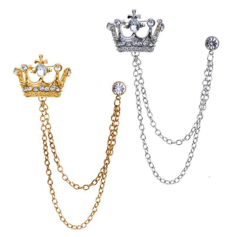 Korean British Style Crown Brooch Suit Tassel Chain Lapel Pin Badge Retro Men Accessories Wedding Banquet Jewelry Gift 25N1225