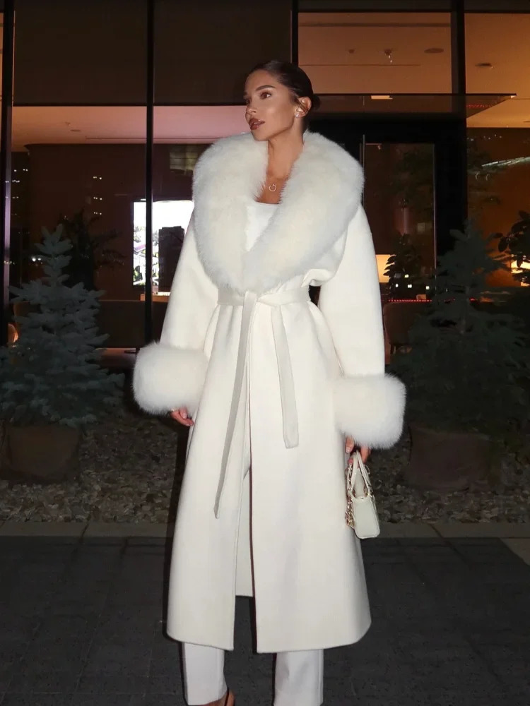Elegant Fur Patchwork Woolen Coat Women Chic Full Sleeve V-neck Lace Up Loose Long Overcoat 2025 Lady Winter Commute Outwear 251212 - view 5