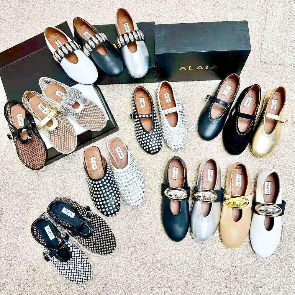 Alaialy Designer Ballet Flat Shoe for Women Mary Jane Loafer shoe luxury sandal Fashion sliver Patent Leather Dress Casual slide rhinestone slipper Ballerina