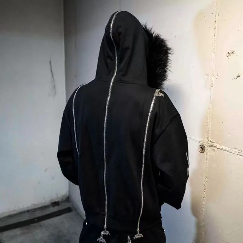 High street hiphop letter diamond zipper n fur collar hoodies for men y2k punk American skateboard casual sweatshirts 251225