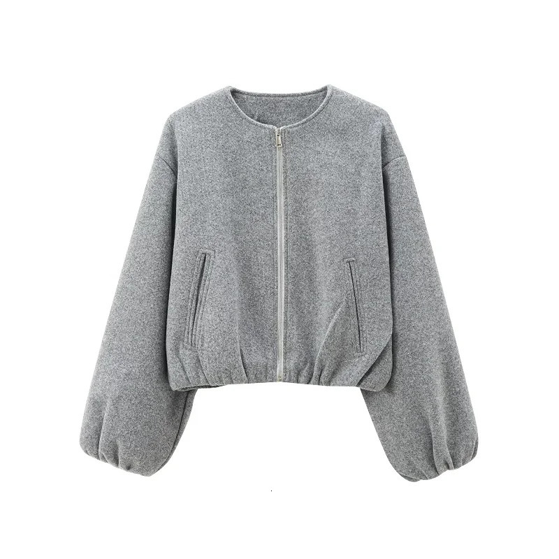 TRAF Beige Cropped Jacket Outerwears Womens Autumn Winter WoolBlend Short Bomber Varsity Fashion Casual Grey Coat 251225