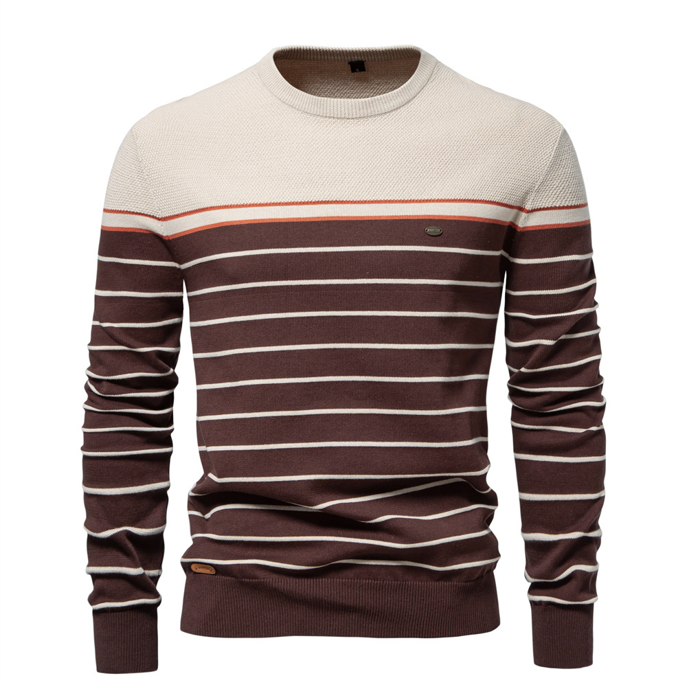 WOZK autumn and winter new striped color blocked long sleeved men's knitted sweater fashionable round neck men's casual sweater