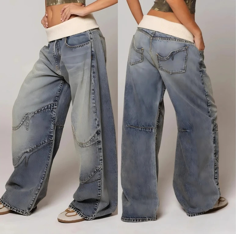 Y2K American Retro Spliced washed High Waist Jeans for Women Simple Versatile Wideleg Jean Hiphop Harajuku Baggy 251225