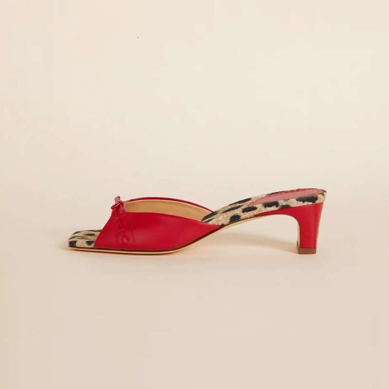 35-41 Plus Size Red Chunky Kitten Mules Bowknot Sandals Square Toe High Heel Designer Shoe Slippers for Women