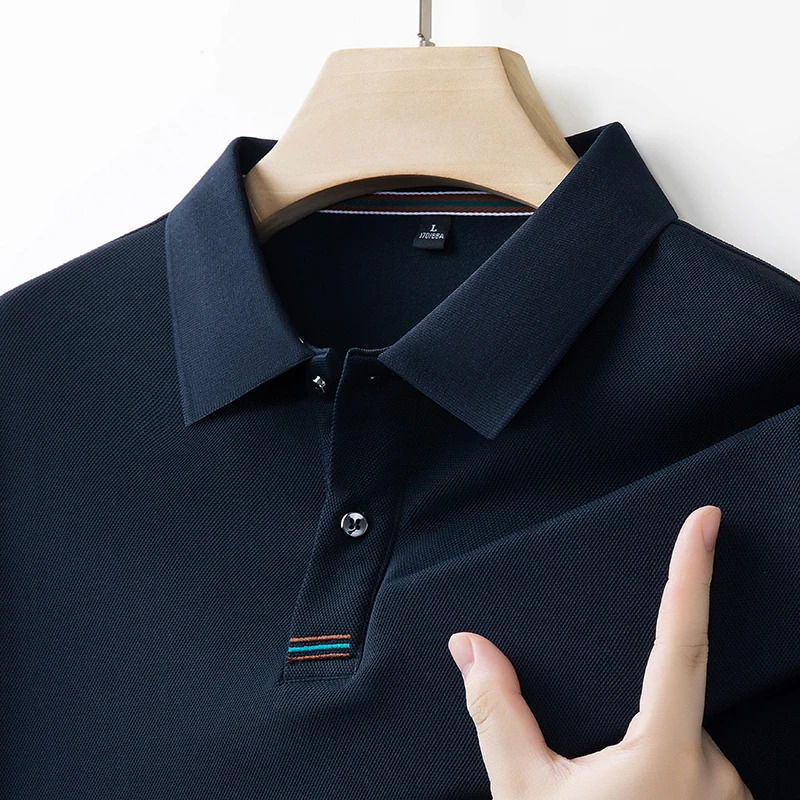 Mens Long-sleeved Polo Shirt Spring and Autumn Casual Breathable Comfortable Solid Color Collarless Dads Top for Outdoors 251225