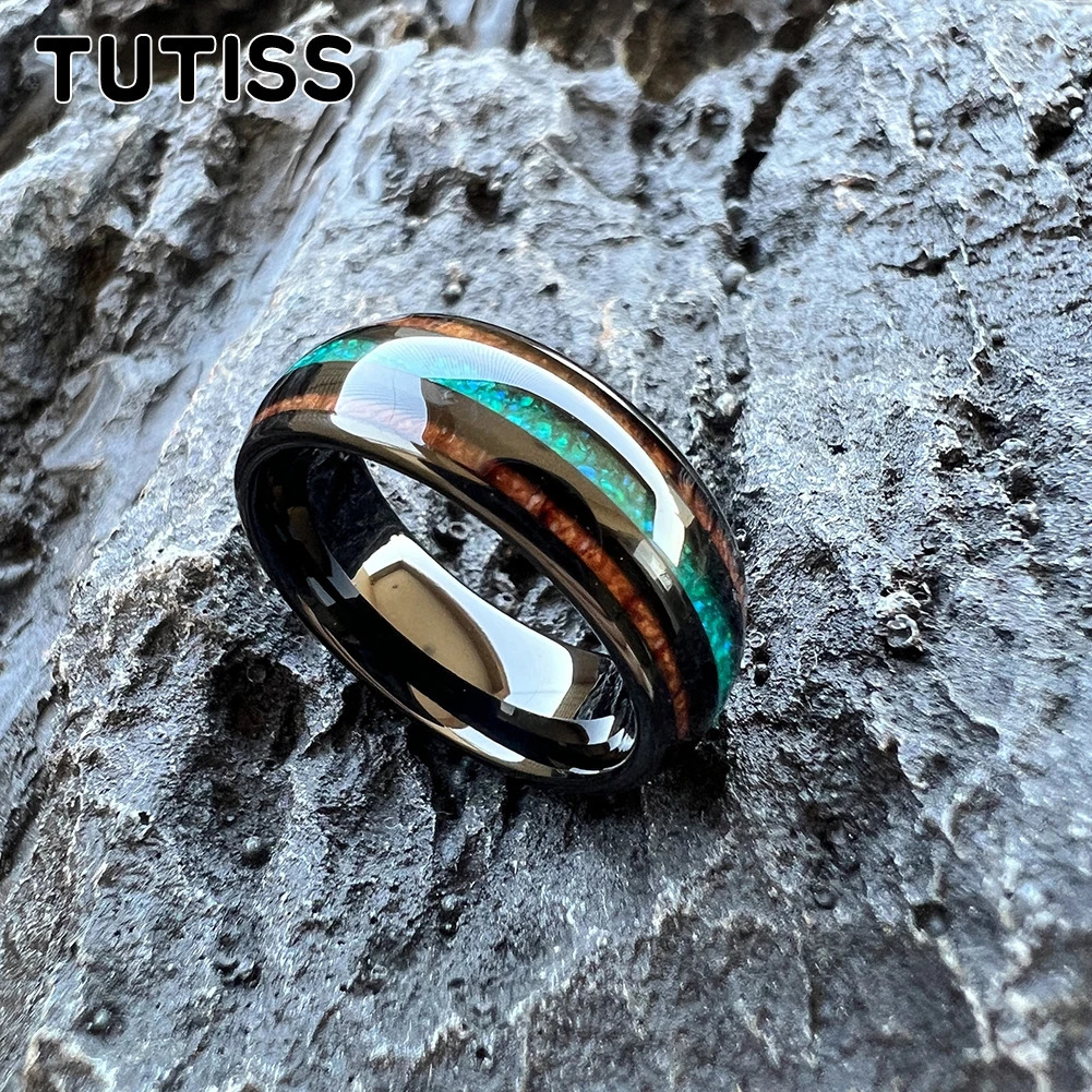 TUTISS 8mm Black Tungsten Ring for Men Women Engagement Wedding Band Fashion Jewelry Green Opal Koa Wood Inlay Comfortable Fit 251224