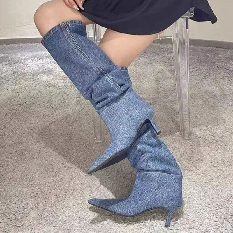 Winter Women Denim Long Boots Fashion Pointed Toe Ladies Elegant Knee High Boots Thin High Heel Knigh Boot NOXYZ16