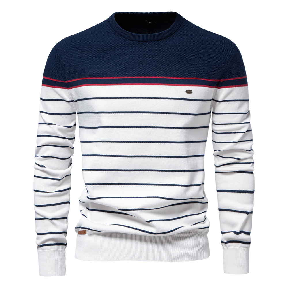 WOZK autumn and winter new striped color blocked long sleeved men's knitted sweater fashionable round neck men's casual sweater