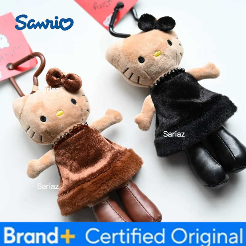 Sanrio Cartoon Kawaii Hello Kitty Lady Style Black Leather Long Legs Kitty Adorable Plush Toy Heart Shaped Keychain Holiday Gift H251225
