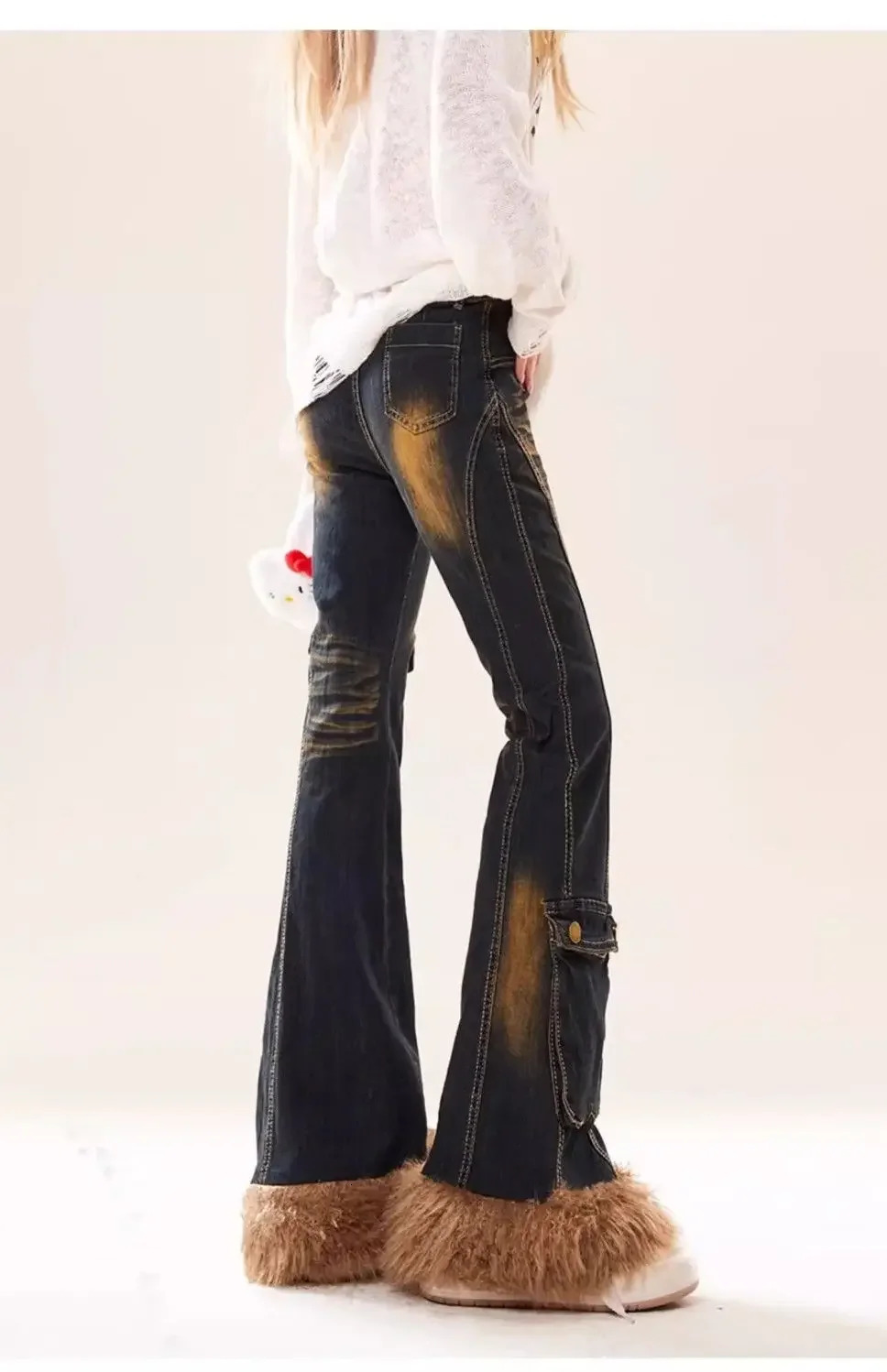 American Patchwork Fringed High Waisted Jeans Y2k Micro Flared Workwear Women Autumn Winter Retro Slim Fit Slimming Pants 251225