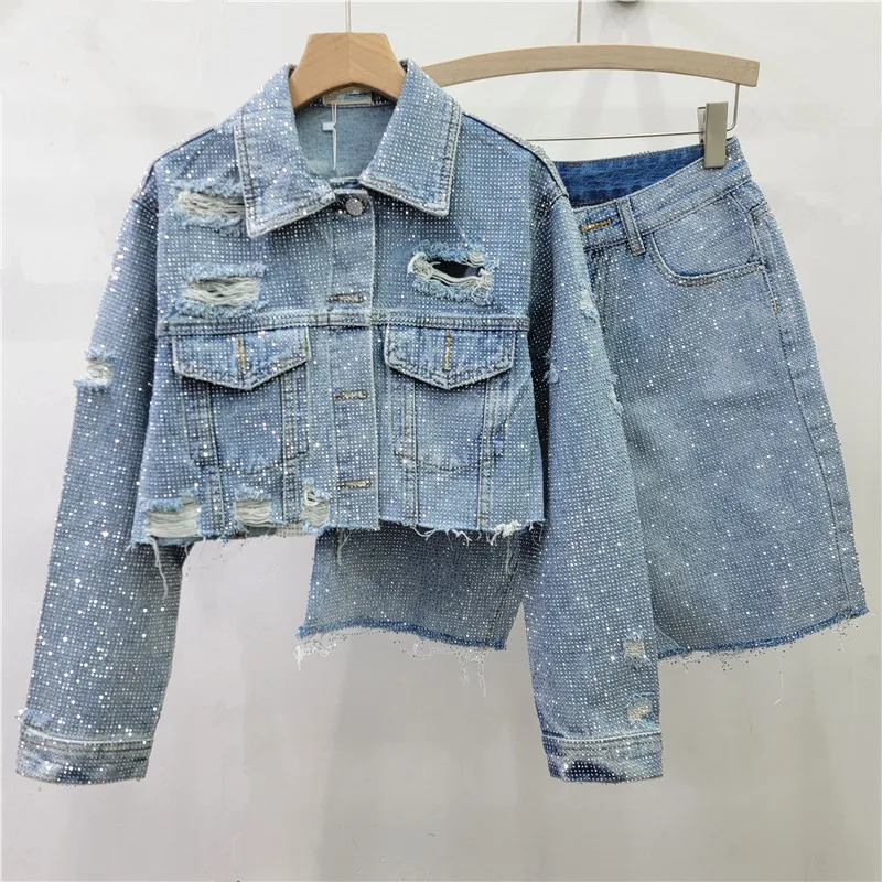 Shiny Drilling Full Starry Diamonds Beaded Denim Jacket Rhinestones Jeans Coat Crystal Cowboy CoatMidpants 2Pcs Set 251223