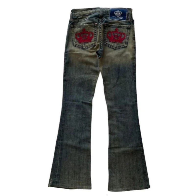 Street Fashion Trend Crown Embroidered Jeans Women Harajuku Y2K Hip Hop Joker Straight Wideleg Pants Couple Casual 251225