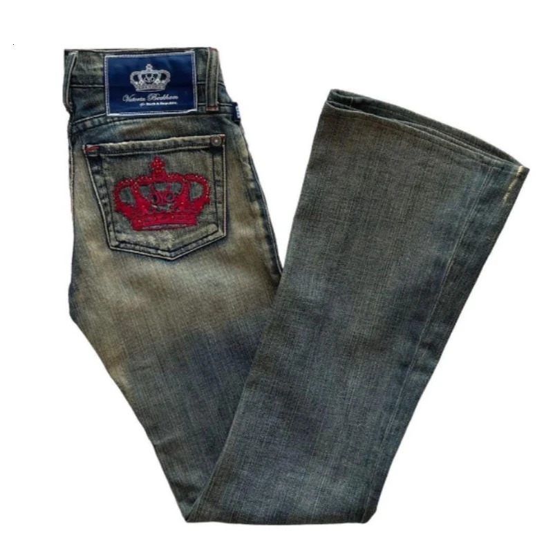 Street Fashion Trend Crown Embroidered Jeans Women Harajuku Y2K Hip Hop Joker Straight Wideleg Pants Couple Casual 251225