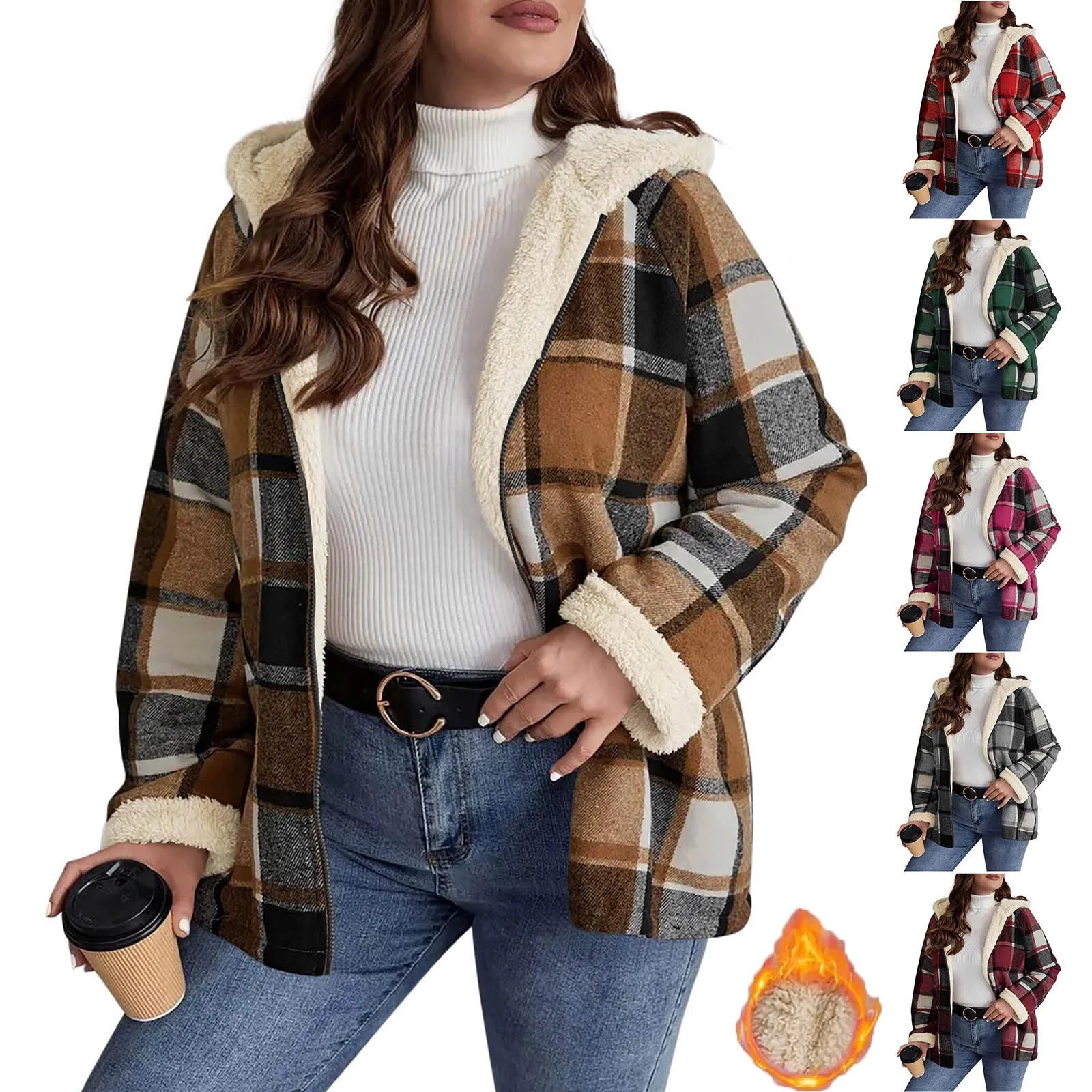 Womens Large Plaid Style Jacket With Hooded Autumn And Winter Casual Loose Black White Coat Button Fall Top 251225
