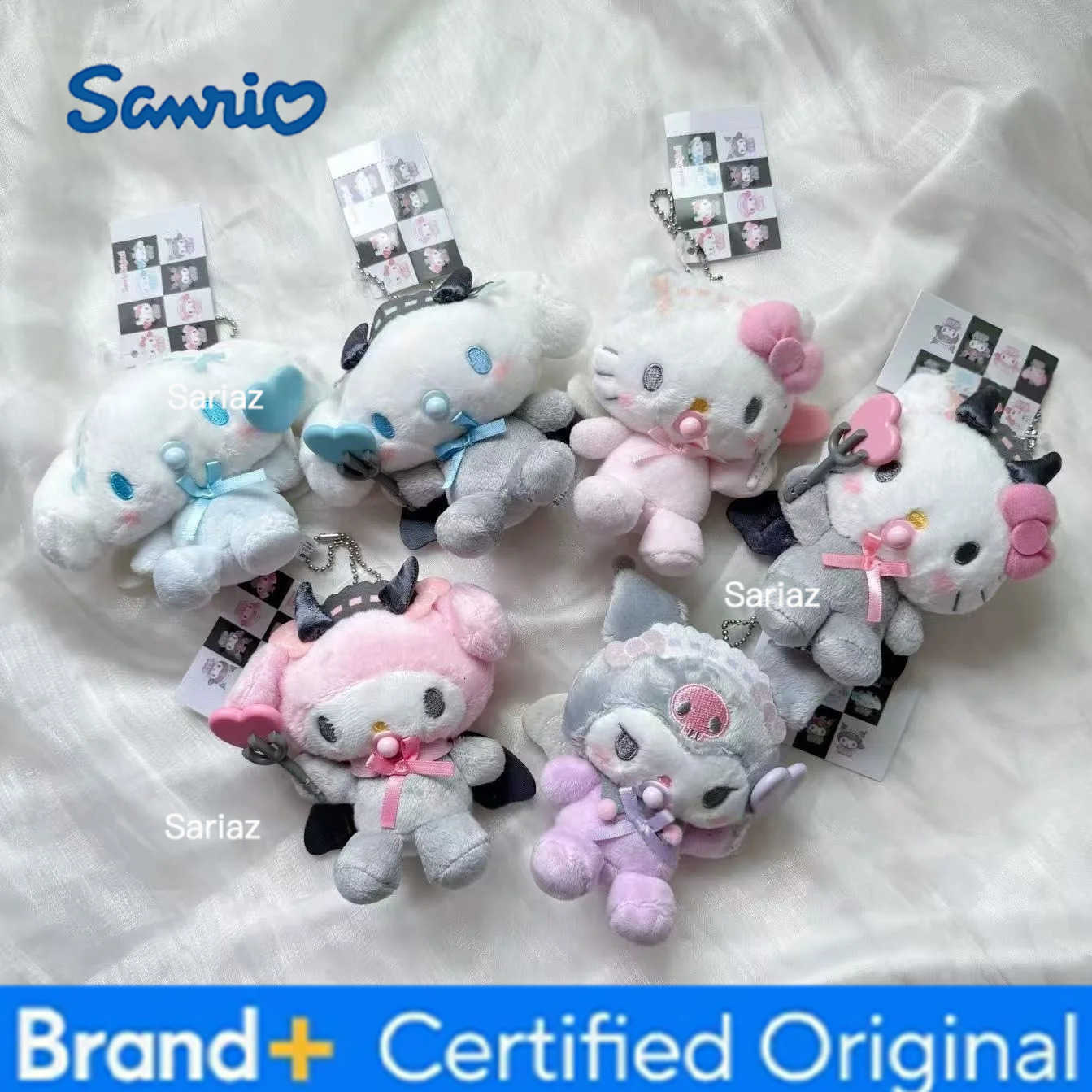 Sanrio Kawaii Cartoon Kitty Cat Plush Doll Pendant Retro Checkered Plush Pendant Cute Demon Angel Kuromi Melody Plush Key Chain H251225