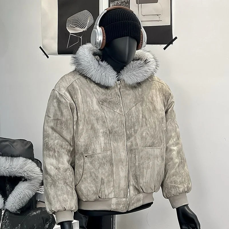 Y2K Cotton jacket with fur collar eagle embroidered and tie-dyeed winter mens outdoor jacket thick and comfortable 251223CJ