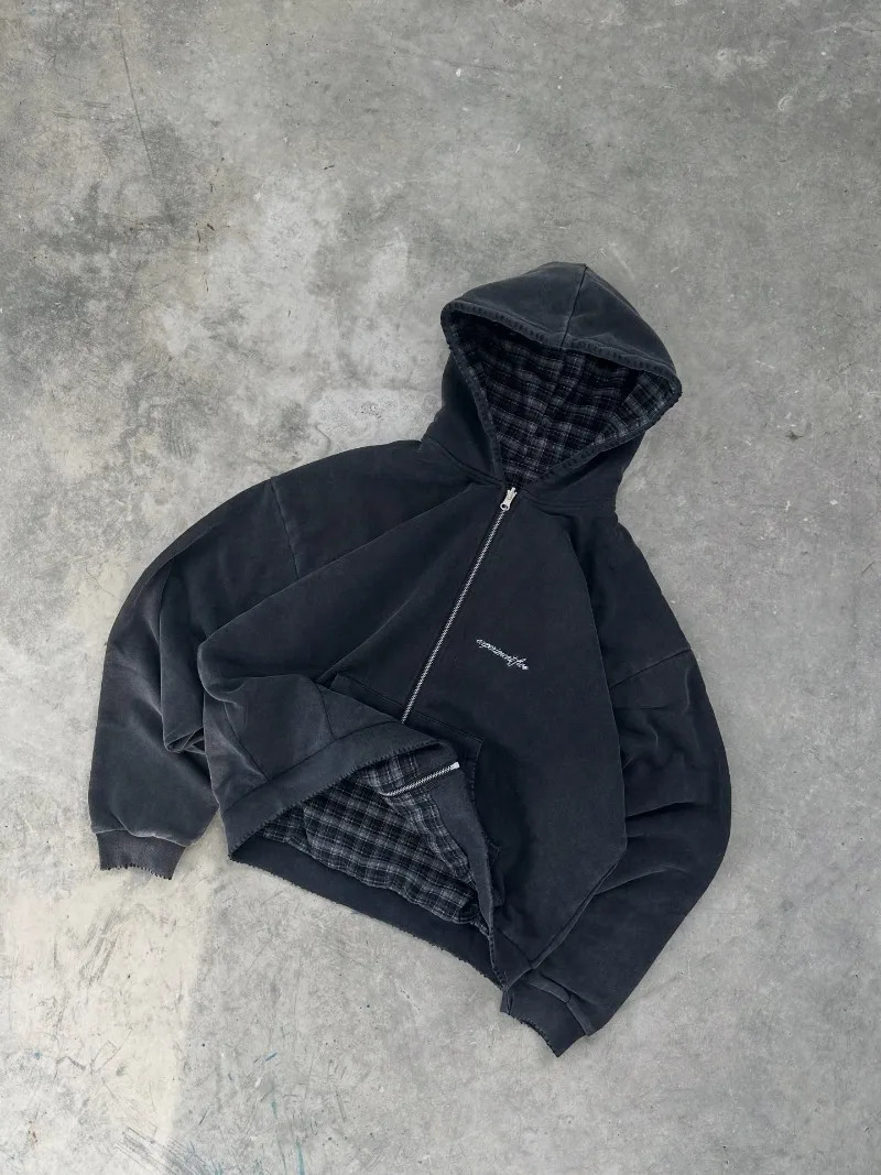 Y2K Harajuku Fashion Letter Printing Doublesided Plaid Zipper Hoodie Women Street Rock Casual Joker Couple Sweater 251225