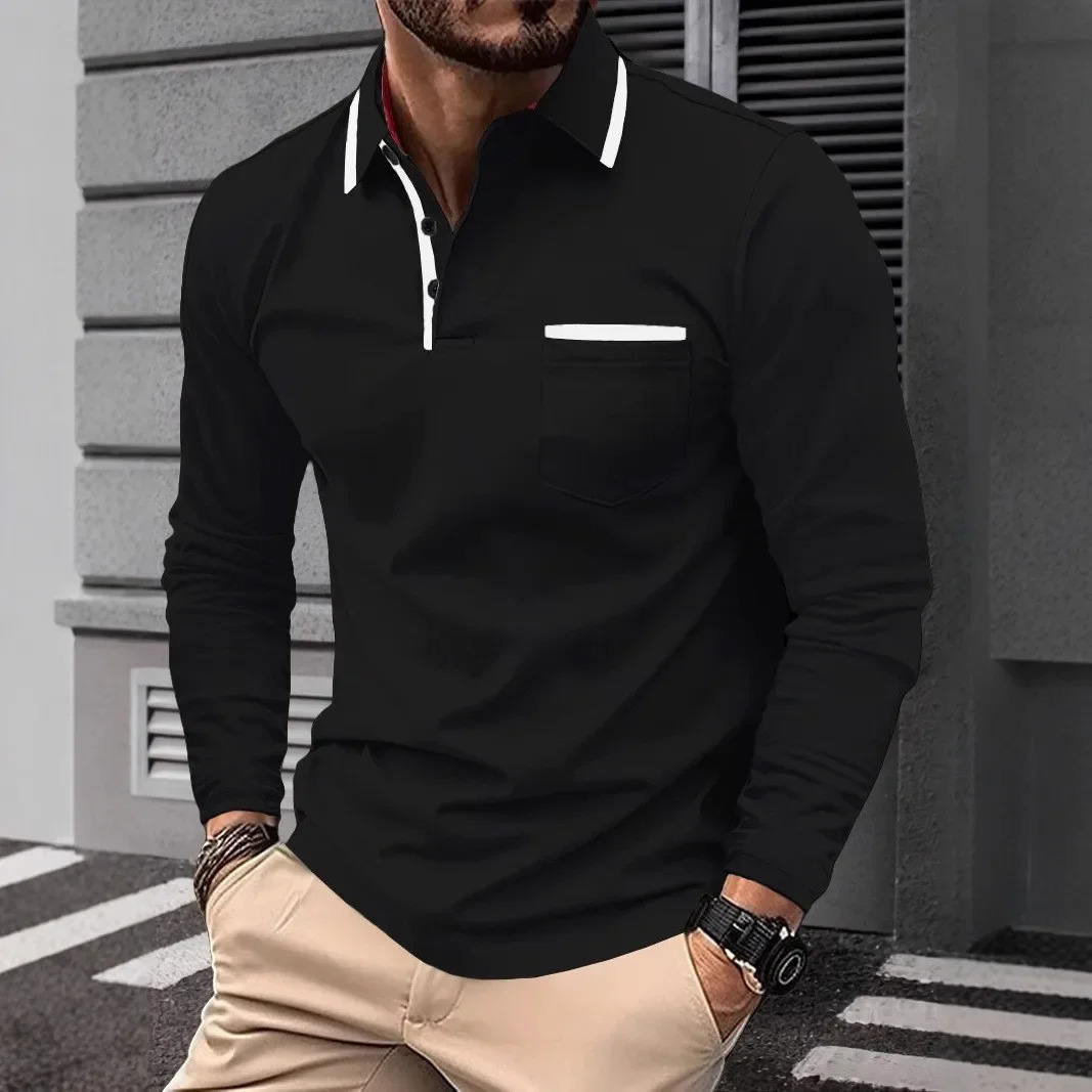 Autumn mens casual long sleeved polo shirt with pockets fashionable street trend regular solid color elastic breathable 251225