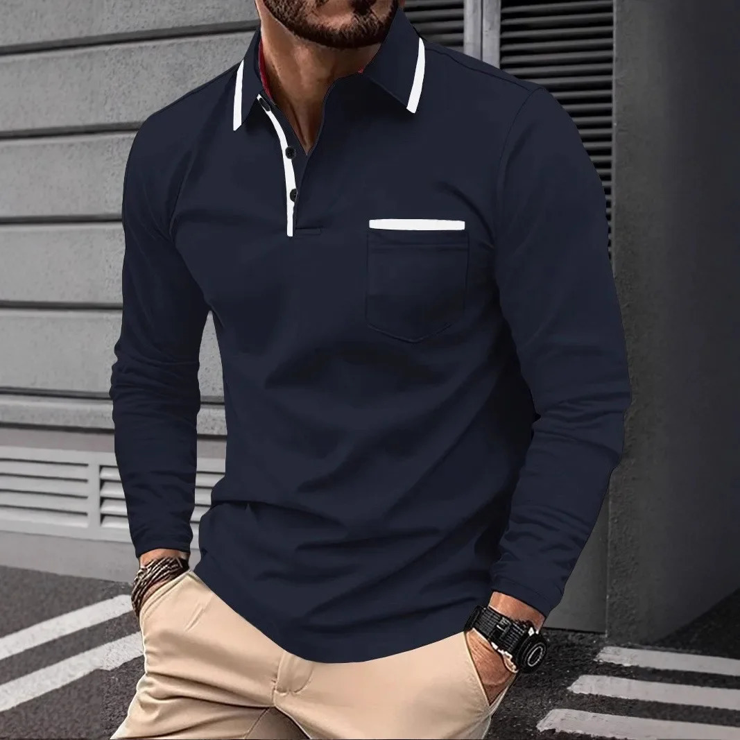 Autumn mens casual long sleeved polo shirt with pockets fashionable street trend regular solid color elastic breathable 251225