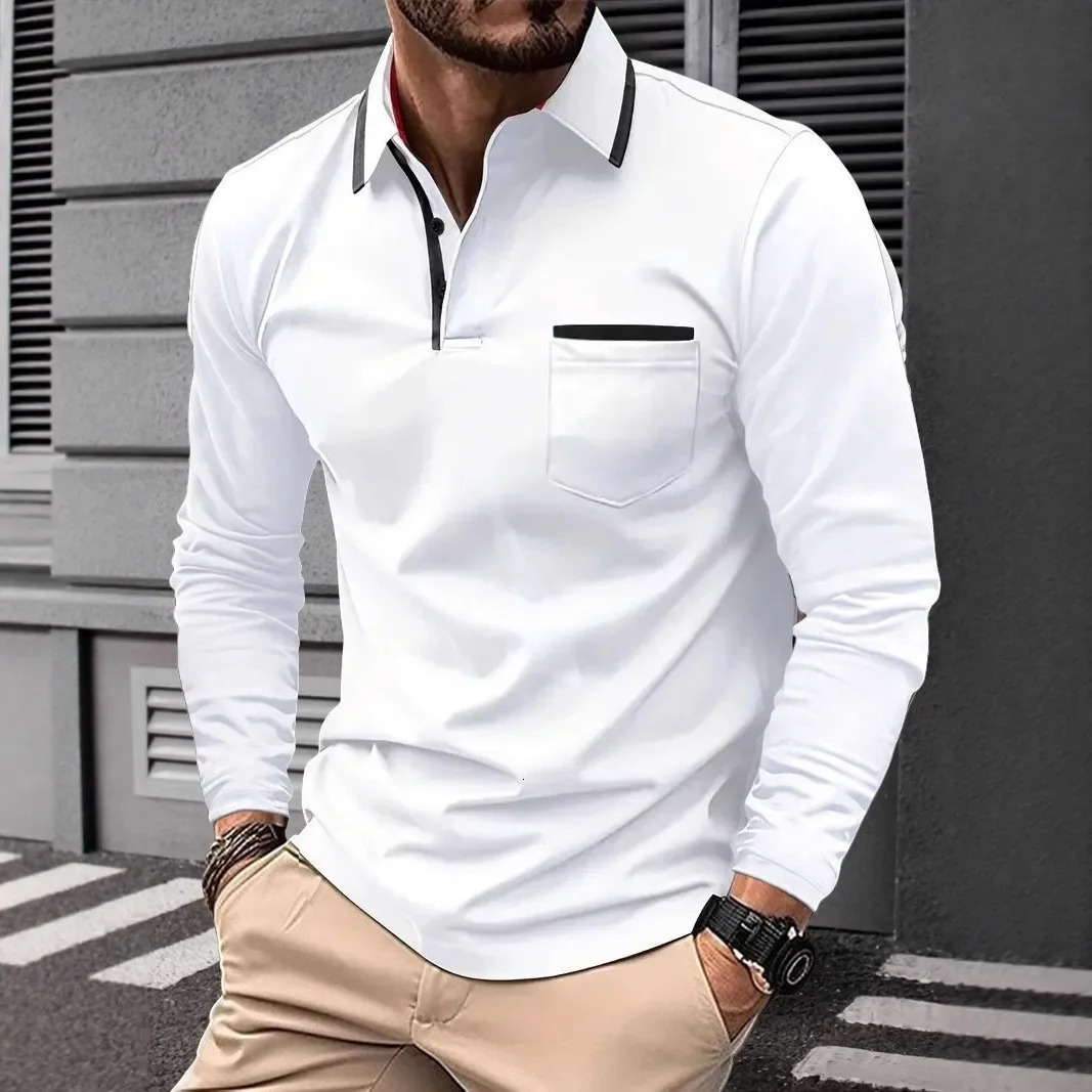 Autumn mens casual long sleeved polo shirt with pockets fashionable street trend regular solid color elastic breathable 251225