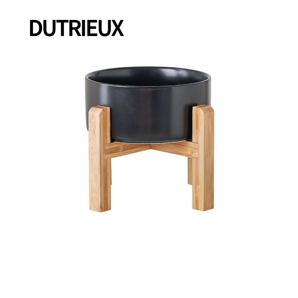 H1976 Ceramic cat and dog bowls with neck protection, tall bamboo and wood frame to prevent tipping, pet food and water bowls.