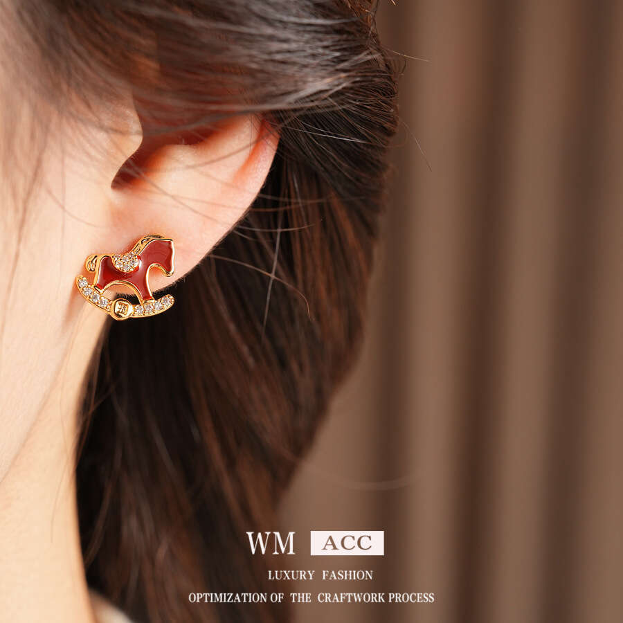 Zodiac Year Silver Needle Zircon Copper Coin Pony Earrings Fashionable Exquisite Versatile Studs Light Luxury High-end Feel Wholesale