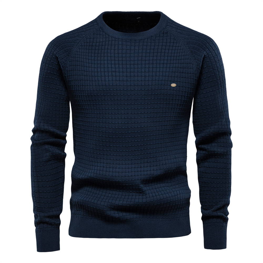 WOZK autumn and winter sweater men's solid color base plaid pullover sweater men's high stretch long sleeved shirt