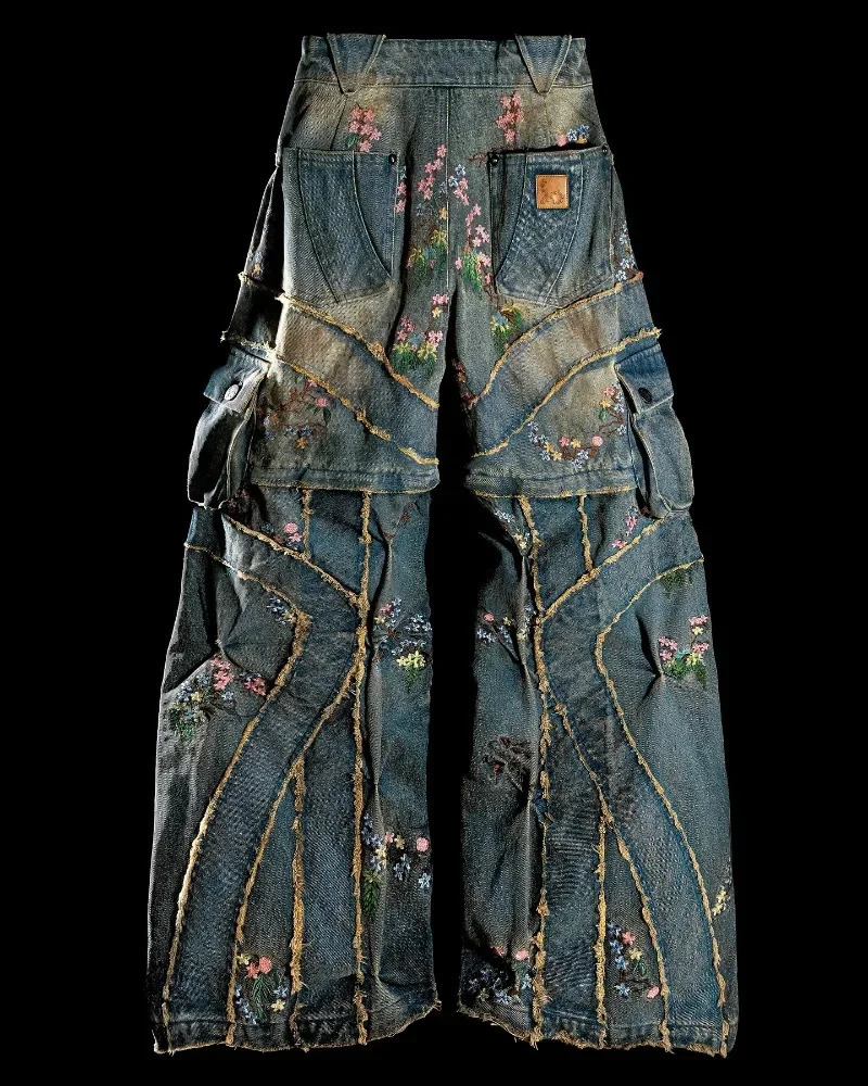 Fashion Street Vintage Hiphop Embroidery Stitching Old Baggy Jeans Women Y2K Harajuku Pop Couples High Waist Wide Leg Trousers 251225