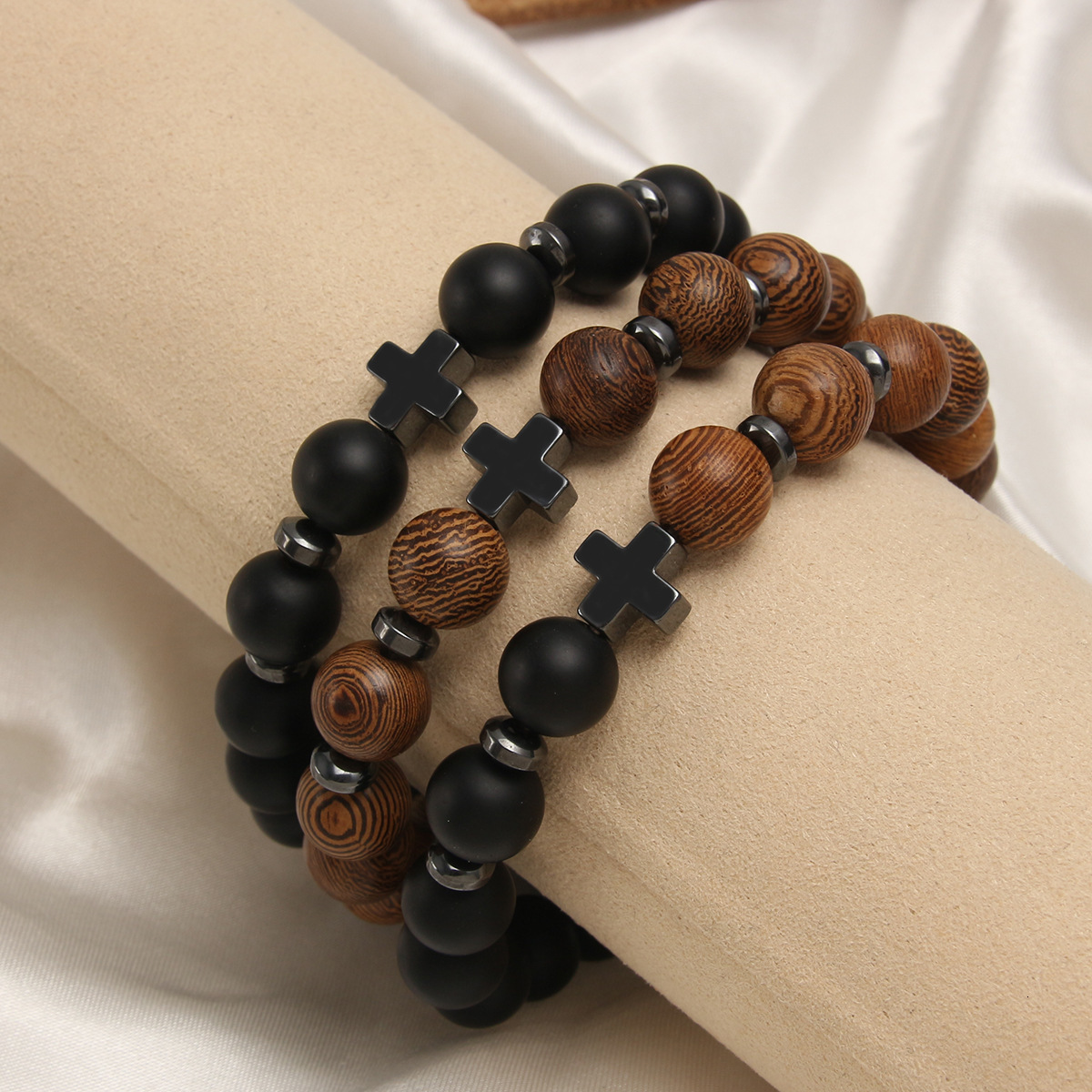 Hot-selling Hand Jewelry Natural Stone Frosted Stone Wooden Bead Bracelet Cross Bracelet 250603