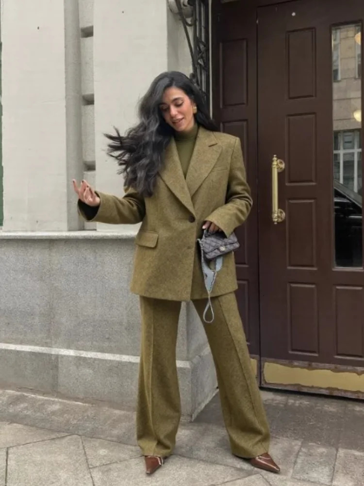 Woolen Blazer Pants Suits Women Lapel One Button Long Sleeves Shoulder Pad Set Female Autumn Winter Fashion Solid Outwear 251225