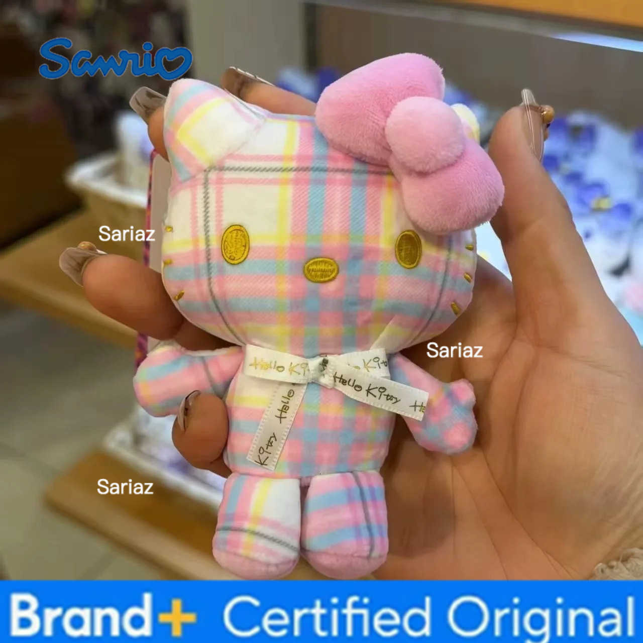 Sanrio Kawaii Cartoon Kitty Cat Plush Doll Pendant Retro Checkered Plush Pendant Cute Demon Angel Kuromi Melody Plush Key Chain H251225