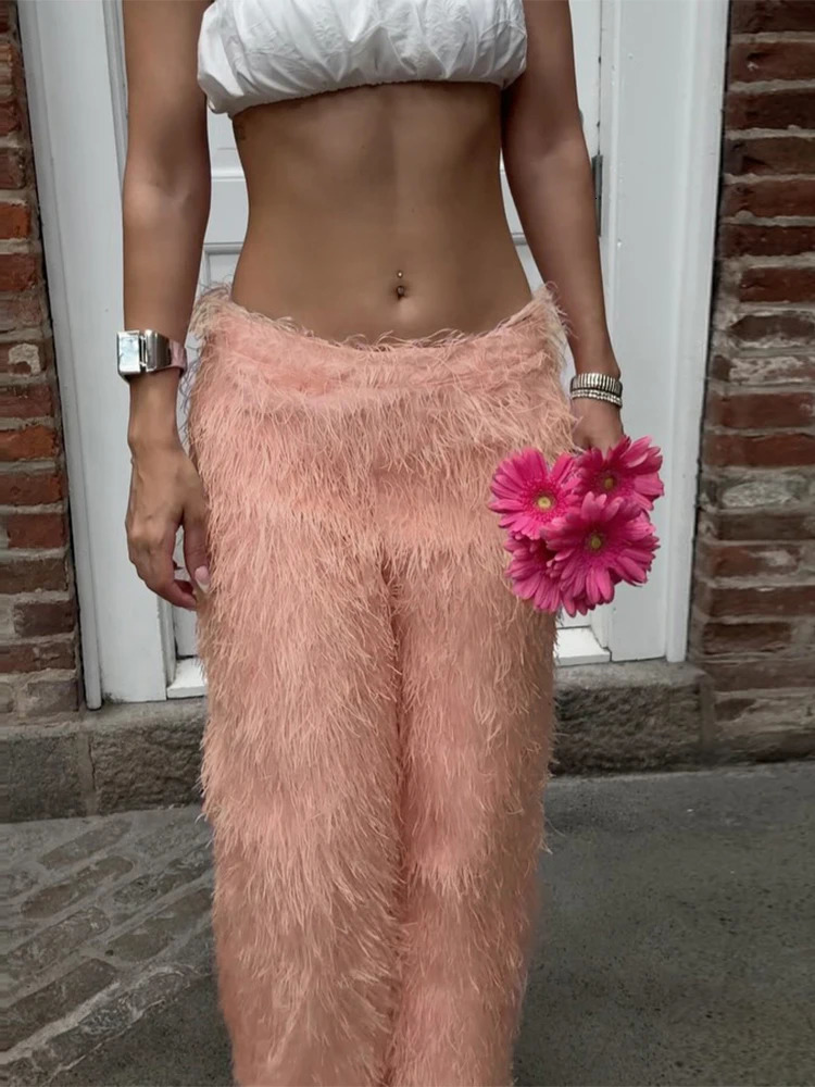 kliou Stacked Feather Pleated Women Pants Casual Unique Tassel Elastic High Waist Straight Trousers Female Wild Street Bottoms 251219