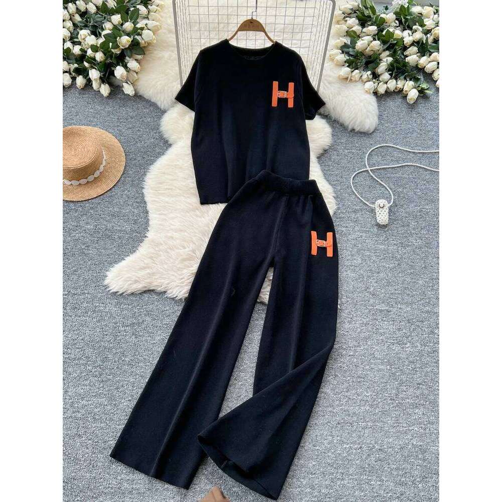 Designer Clothes Leisure Knitted Summer Fashion Letter Embroidered Sweater And Wide Leg Pants Two Piece Set Hot Selling