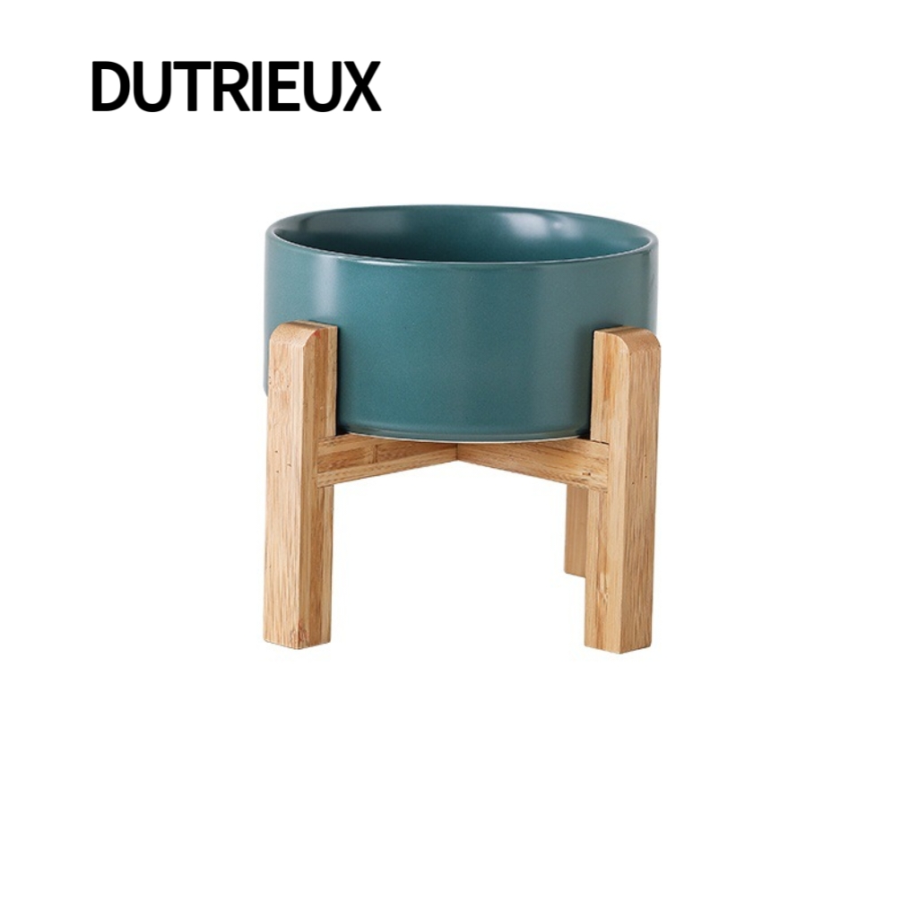 H1976 Ceramic cat and dog bowls with neck protection, tall bamboo and wood frame to prevent tipping, pet food and water bowls.