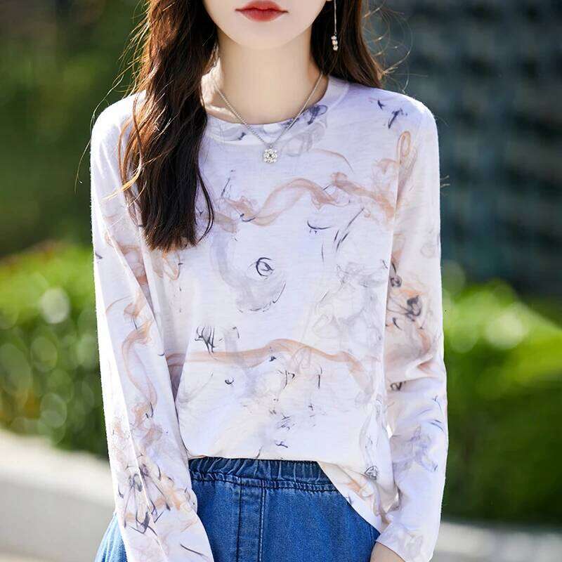 Spring Autumn New Shirt Women's Round Neck Long Sleeve Wool Mulberry Silk Loose Style Printed Thin Knitted Top