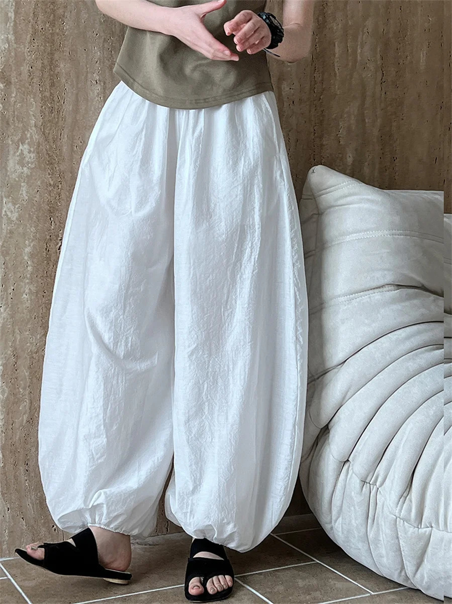 White Oversized Bloomers 2025 Summer Elegant Fashion Women Lantern Pants Casual Loose Breathable Cotton Wide Leg Pants 251225
