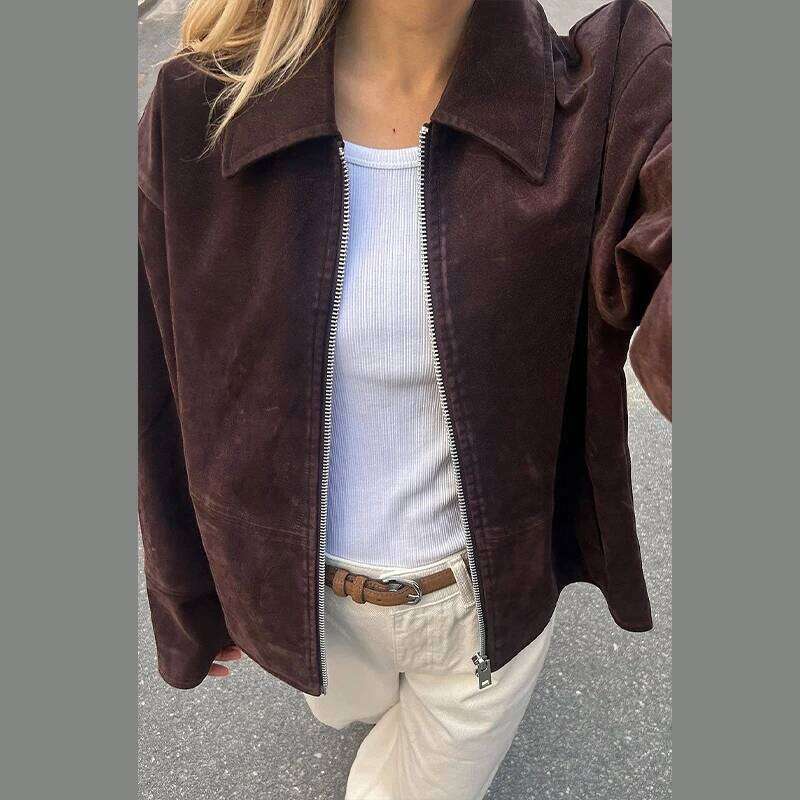 Designer Fashion 2026 Brown Suede Women's Jackets Turn-Down Collar Zipper Loose Lady Short Coats 2026 Spring Female Street Office Outwear New