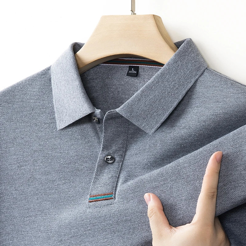 Mens Long-sleeved Polo Shirt Spring and Autumn Casual Breathable Comfortable Solid Color Collarless Dads Top for Outdoors 251225