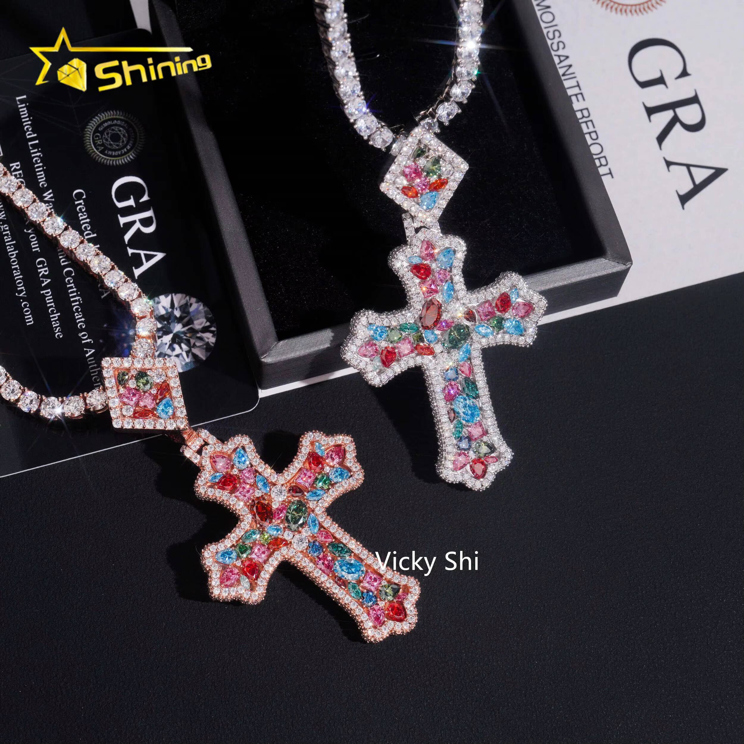 GRA Certificated 925 Sterling Silver Fancy Cut Colored Moissanite Cross Pendant Custom Moissanite Pendant Men Hip Hop Jewelry - view 4