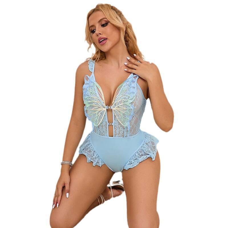 Bodystockings clothing New High-End Blue Sexy Butterfly Embroidered Bodysuit Deep V Crotch-Free Pure Desire Lingerie