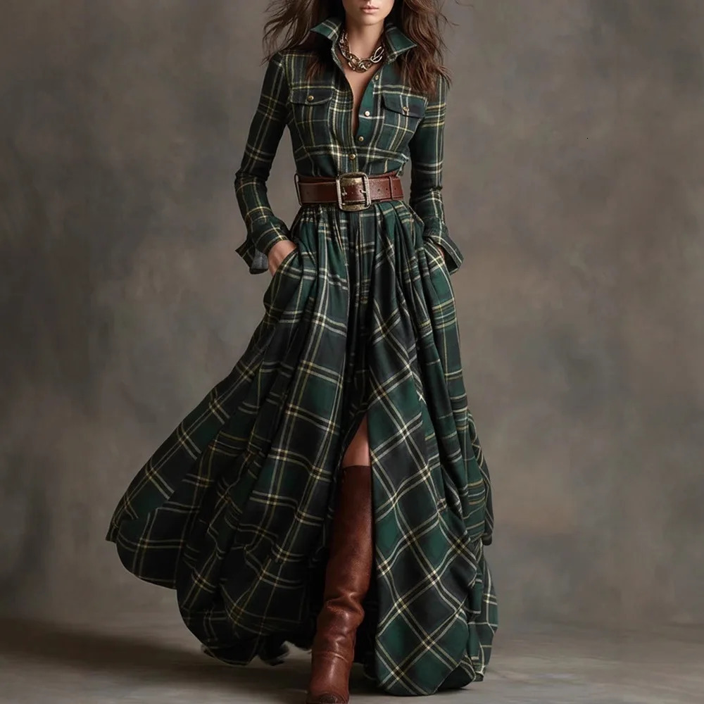 French Womens Plaid Dress Shirt Button Cardigan Lapel Fashion Belt Pocket Irregular A-line Long Skirt for Female 251222