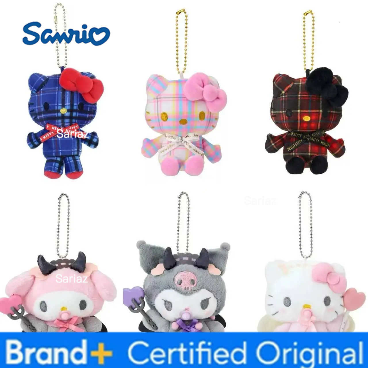 Sanrio Kawaii Cartoon Kitty Cat Plush Doll Pendant Retro Checkered Plush Pendant Cute Demon Angel Kuromi Melody Plush Key Chain H251225