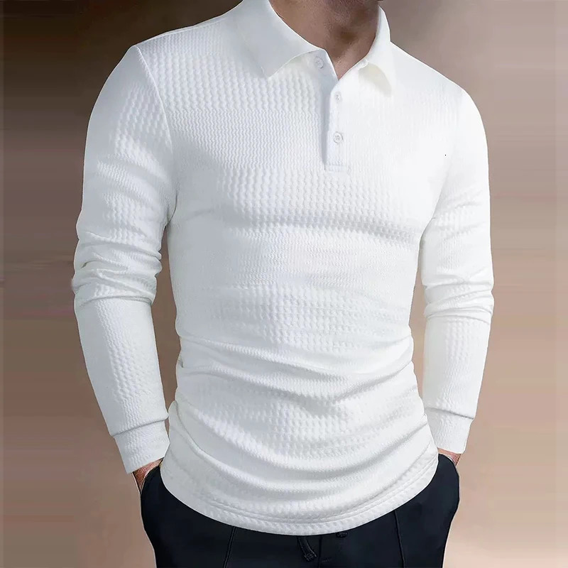 American Retro Mens Jacquard Polo Shirt Business Slim Solid Color T-shirt Leisure Lapel Long Sleeve Pullover Tops S-2XL 251225