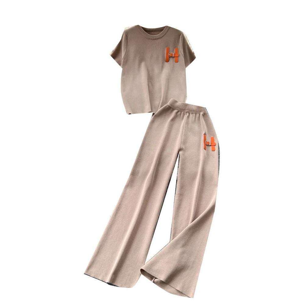 Designer Clothes Leisure Knitted Summer Fashion Letter Embroidered Sweater And Wide Leg Pants Two Piece Set Hot Selling