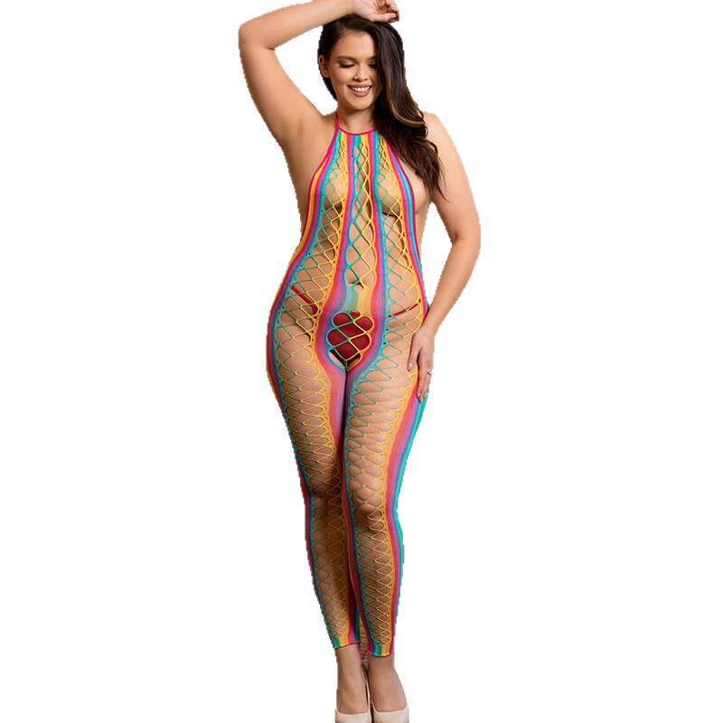 Bodystockings clothing In Plus Size Bodysuit Sexy Crotchless Halter less Rainbow Hollow Out Bodystocking