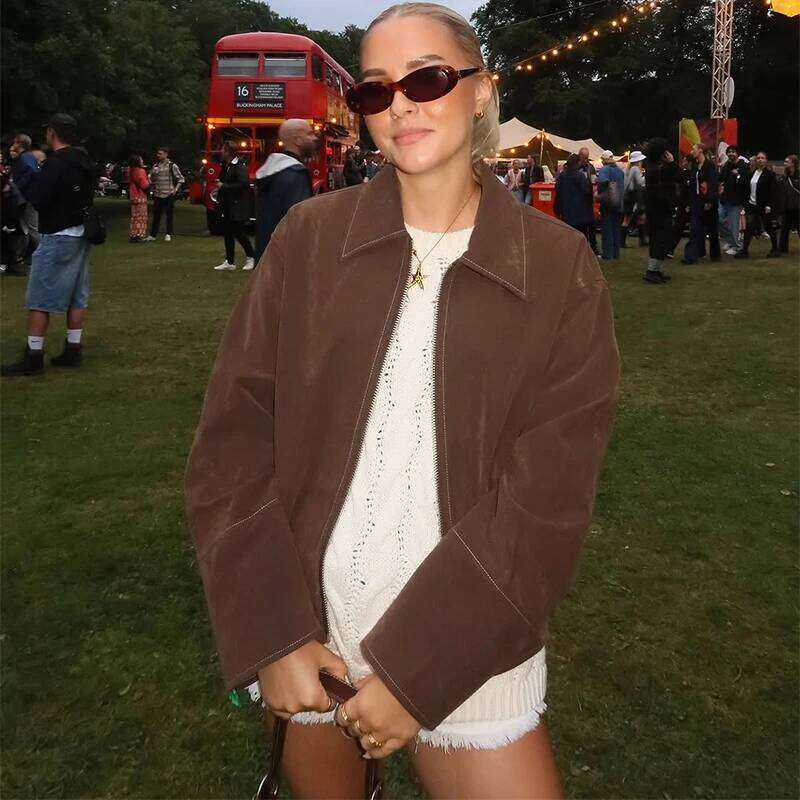 Designer Fashion 2026 Brown Suede Women's Jackets Turn-Down Collar Zipper Loose Lady Short Coats 2026 Spring Female Street Office Outwear New