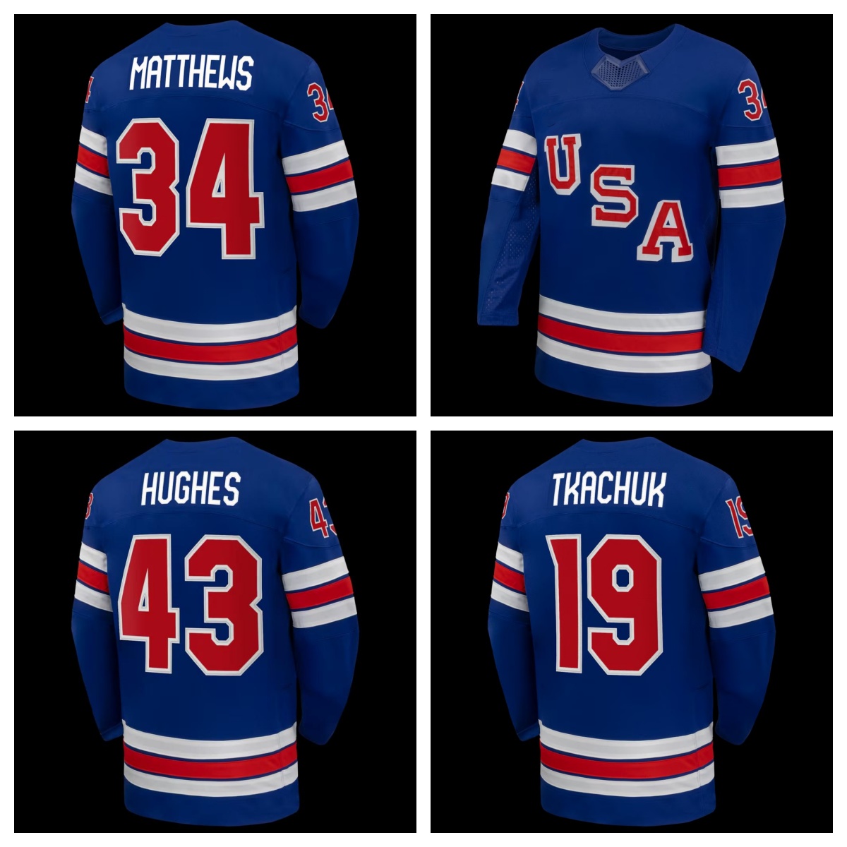 2026 Team USA Matthews 34 Tkachuk 19 Eichel 9 Hughes 86 43 Jersey Hockey Jerseys Home Blue Color Size S-XXXL Stitched Men's Jersey