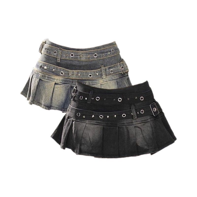 American Retro Streetwear Cross Spicy Pleated Skirt Denim Shorts Y2K Cowboy Skirt Casual Sweetheart Gothic High Waist Slim Skirt